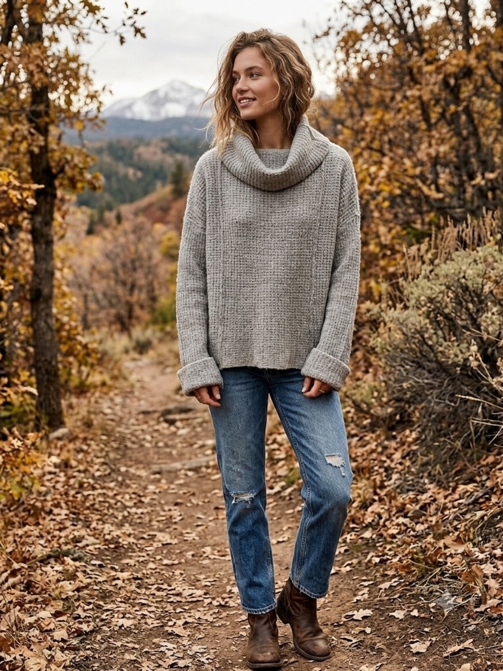 Free People Sidewinder 100% Wool Cowl Neck Waffle Knit Sweater Heather Grey S